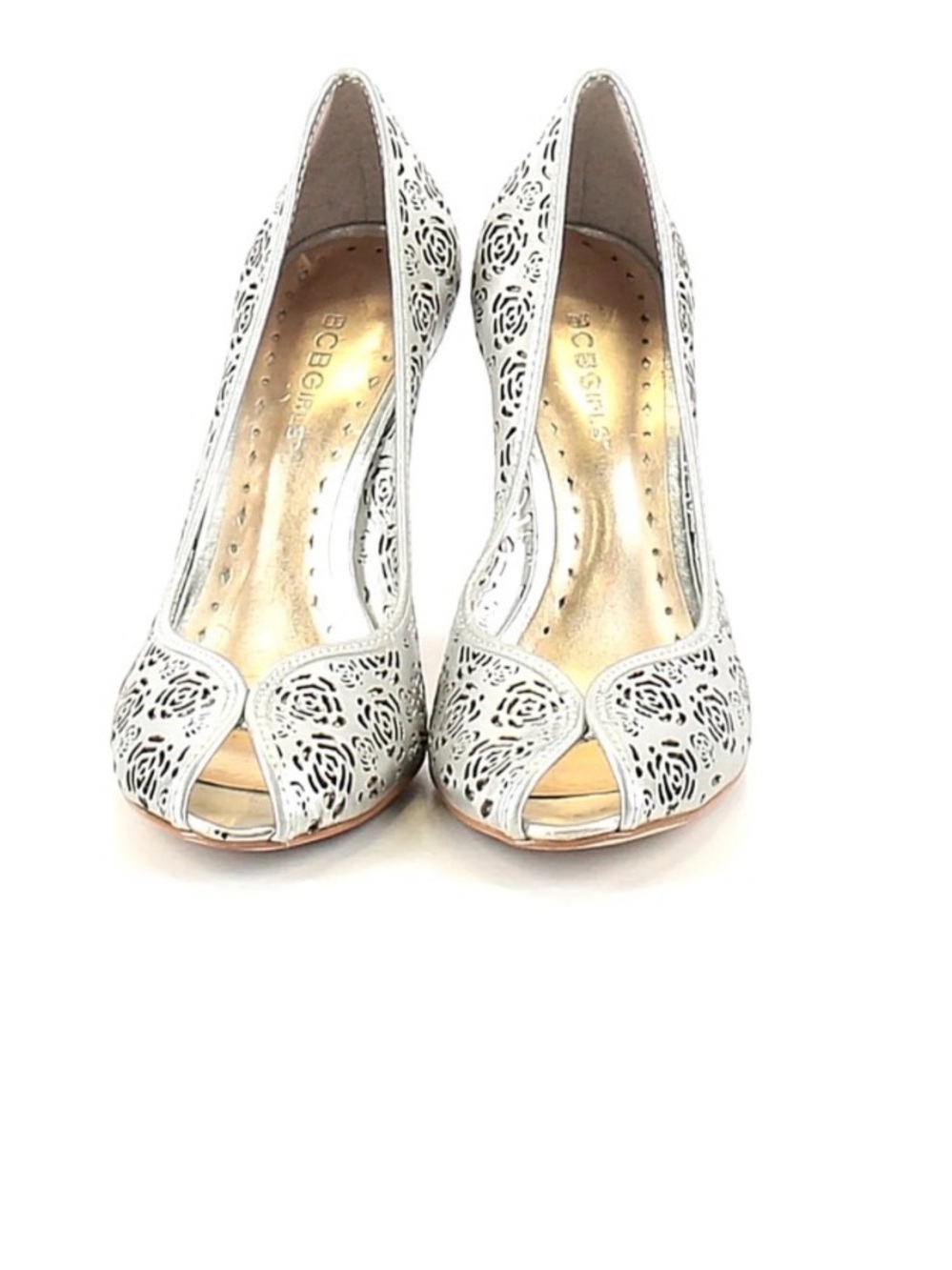 BCBGirls White Laser-Cut Peep Toe Heels